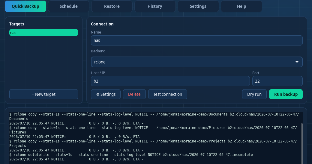 Moraine desktop app, Quick Backup tab: a target selected, the rclone backend, and a snapshot backup running in the live log.